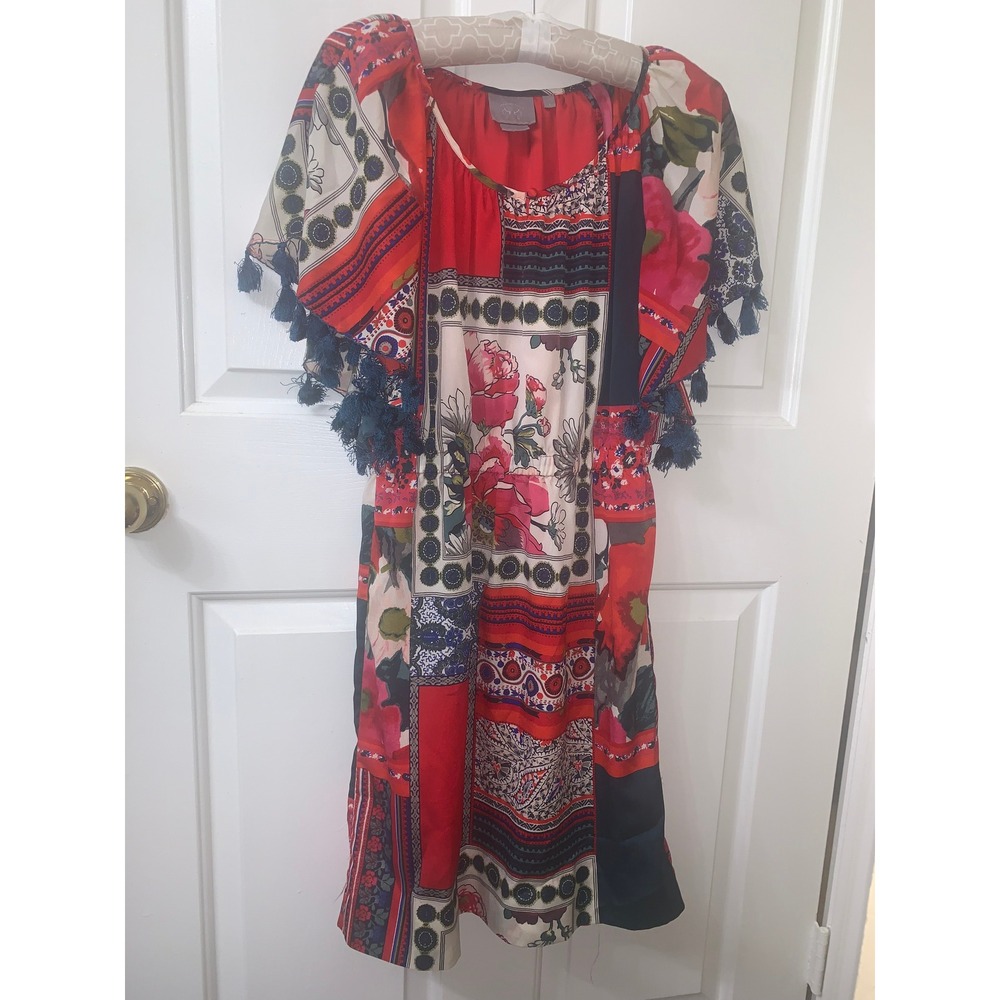 Vanessa Virginia Anthropologie Red Patchwork Floral Tassel Sleeve Boho Dress S